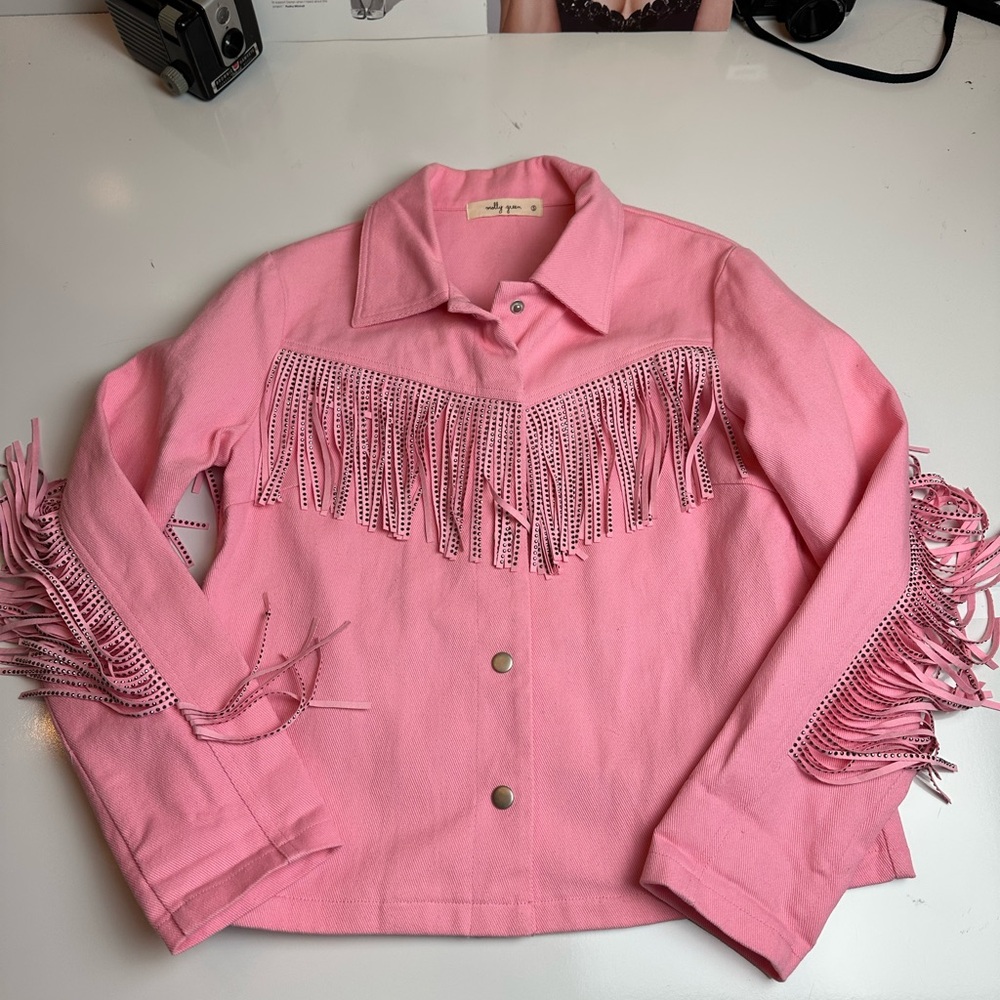 MollyGreen Pink FringeWestern CowgirlJacket Y2K RodeoFringe UtilityJacket Small - Picture 2 of 12